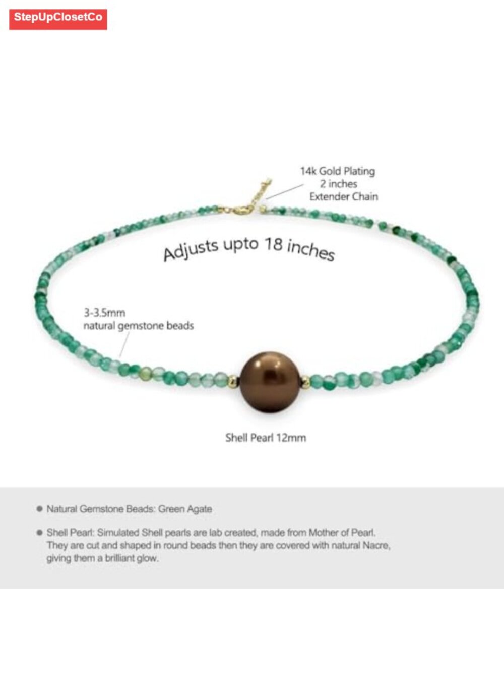 Green Agate Beaded Choker Necklace, Gold Plated, Shell Pearl, Nickel Free, View 3